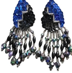 Vintage Blue and Black Sequin Earrings with Iridescent Beads